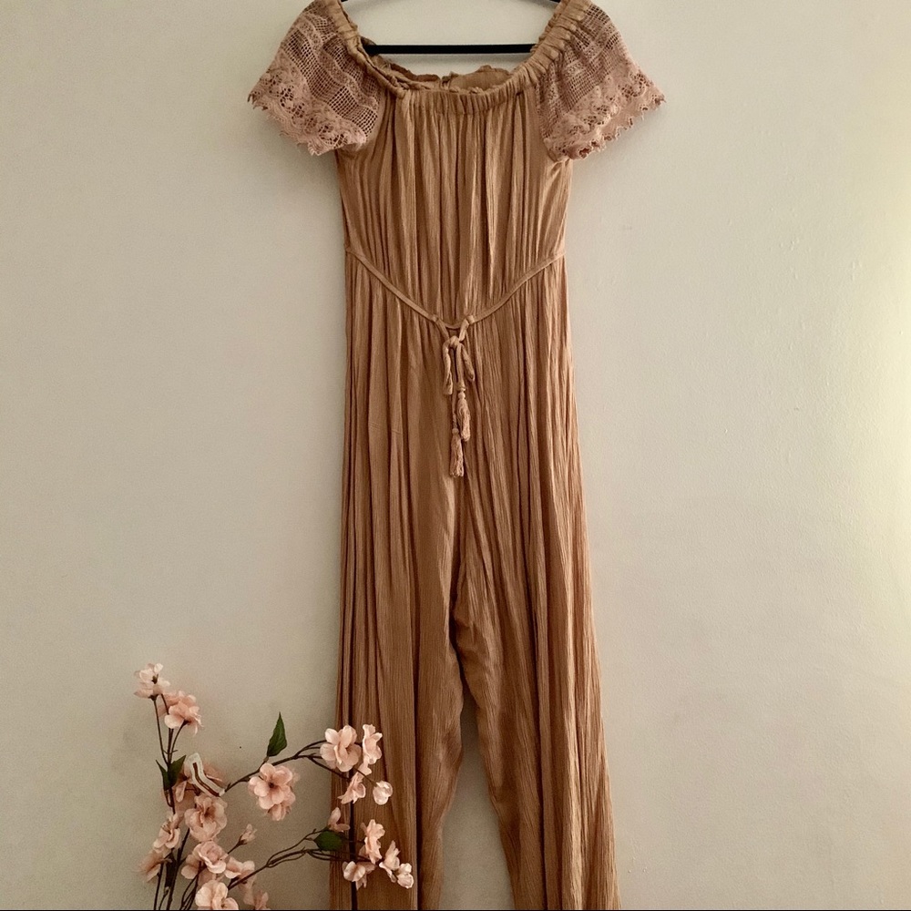 Tan color romper off the shoulder crochette detail
